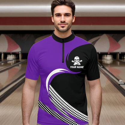 Custom Purple Skull Bowling Shirt Quarter-Zip Bowling Jersey for Men Women Bowling Outfit QZT671