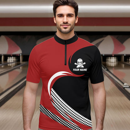 Custom Red Skull Bowling Shirt Quarter-Zip Bowling Jersey for Men Women Bowling Outfit QZT671