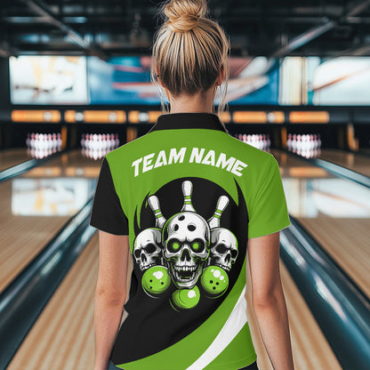 Custom Green Skull Bowling Shirt Quarter-Zip Bowling Jersey for Men Women Bowling Outfit QZT671