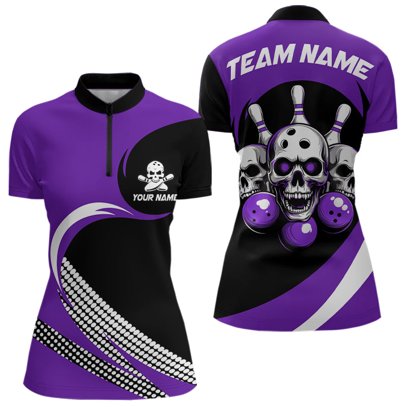 Custom Purple Skull Bowling Shirt Quarter-Zip Bowling Jersey for Men Women Bowling Outfit QZT671