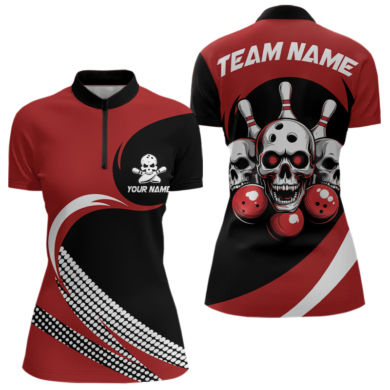 Custom Red Skull Bowling Shirt Quarter-Zip Bowling Jersey for Men Women Bowling Outfit QZT671