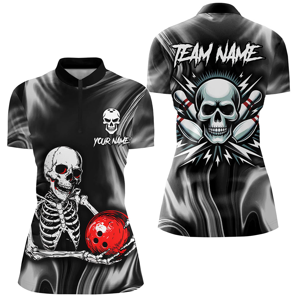 Skull Bowling Shirt Personalized Bowling Team League Skull 1/4 Zip Shirt for Women QZT285