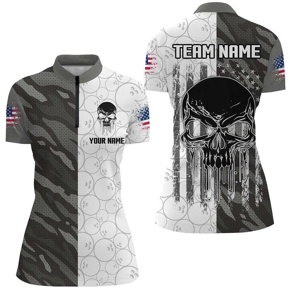 Personalized Women 3D Bowling Team Jersey Skull Bowling Quarter Zip Shirts QZT467