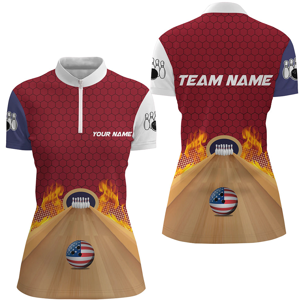 Personalized Bowling Shirt with Name Quarter-Zip Bowling Jersey for Women Flame Bowling Shirt Unisex QZT286