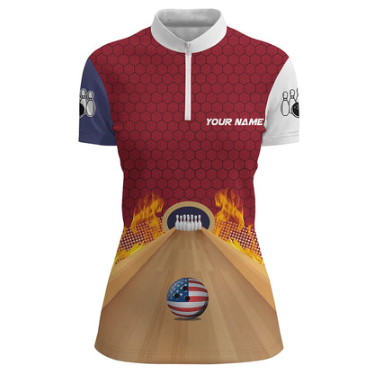 Personalized Bowling Shirt with Name Quarter-Zip Bowling Jersey for Women Flame Bowling Shirt Unisex QZT286