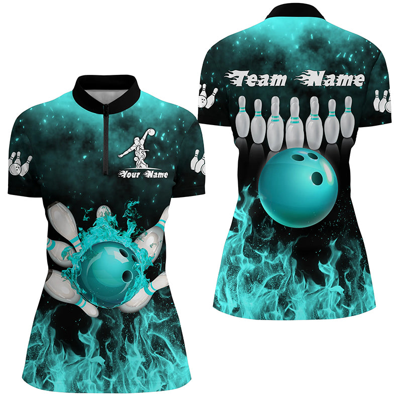 Flame Bowling Shirts for Women Custom Bowling Team Jersey Quarter Zip Shirt QZT464