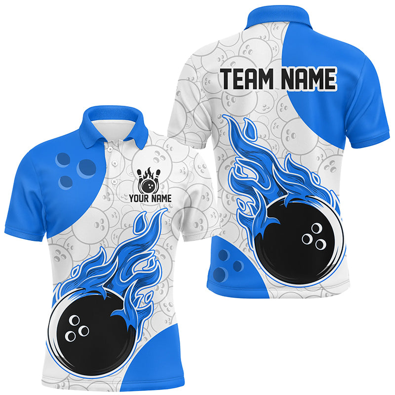 An blue and white bowling shirt with a personalized text and logo, featuring a flame graphic design.