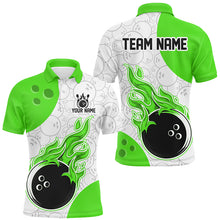 Load image into Gallery viewer, An green and white flames bowling shirt with a personalized text and logo, featuring a flame graphic design.