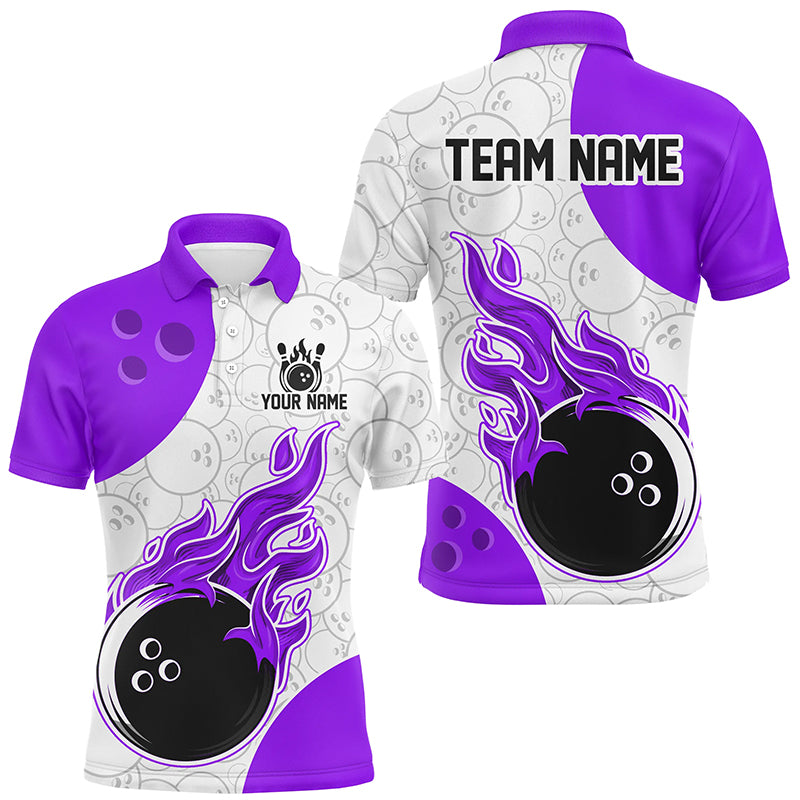 An purple and white flames bowling shirt with a personalized text and logo, featuring a flame graphic design.