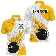 Load image into Gallery viewer, An yellow and white flames bowling shirt with a personalized text and logo, featuring a flame graphic design.