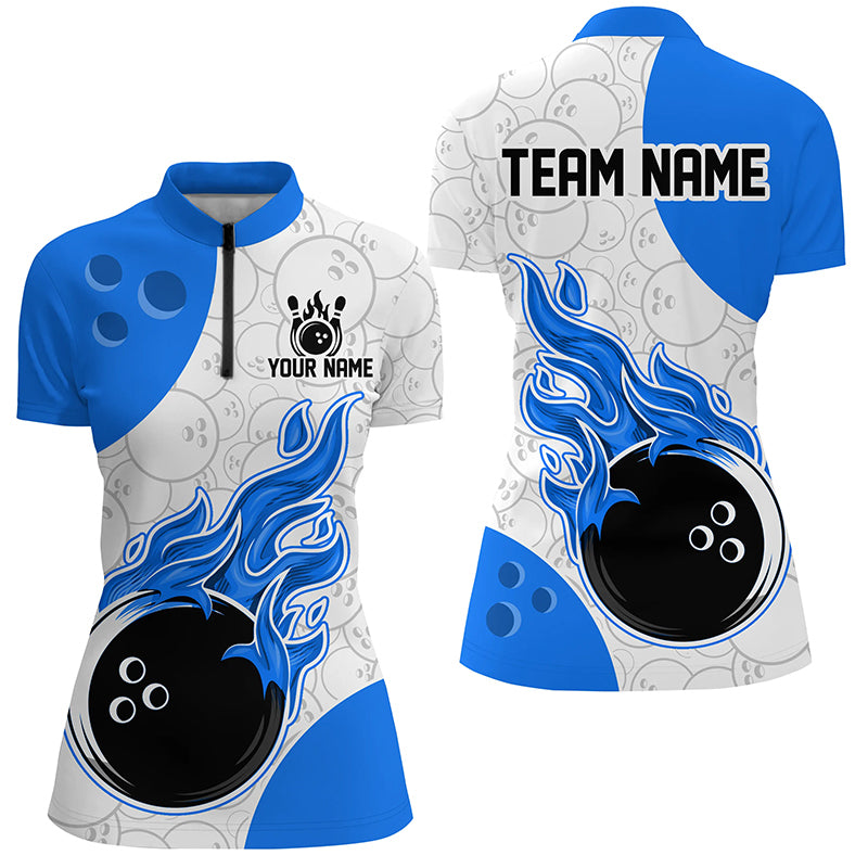 Bowling jersey with blue and white design featuring flames and a bowling ball, with customizable text areas.