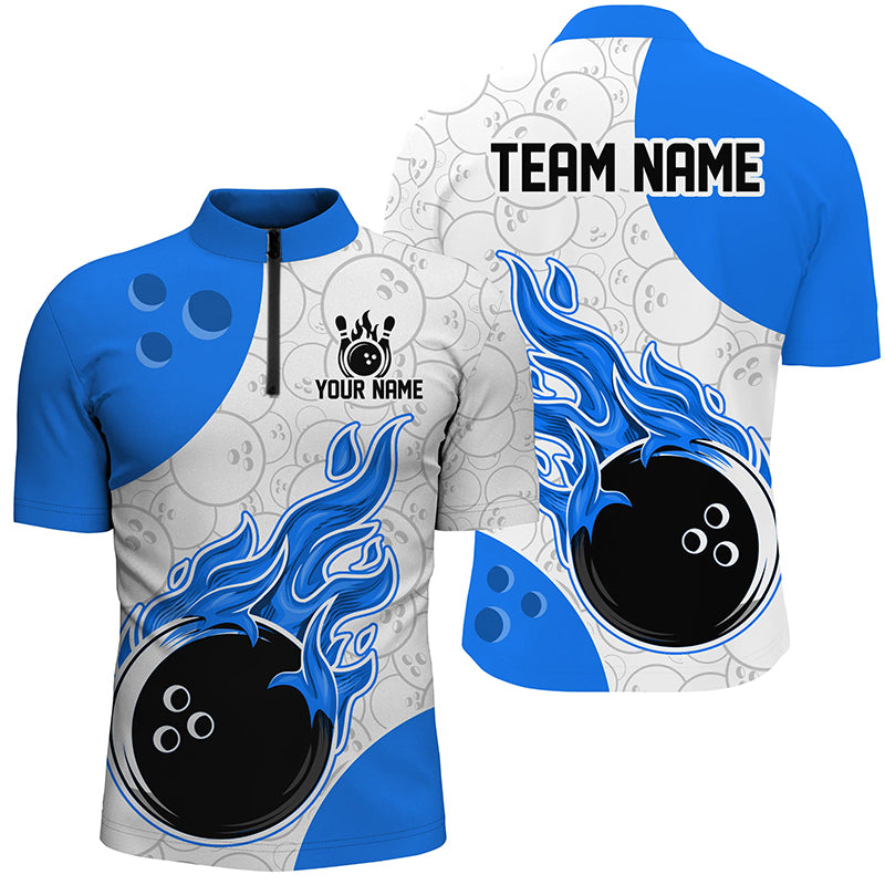 Blue and white cycling jersey with flame design and customizable text on a white background
