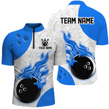 Load image into Gallery viewer, Blue and white cycling jersey with flame design and customizable text on a white background