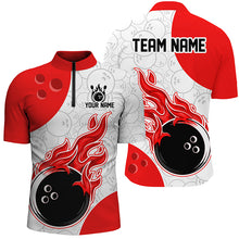 Load image into Gallery viewer, Red, white, and black bowling jersey with flame design and customizable text on a white background