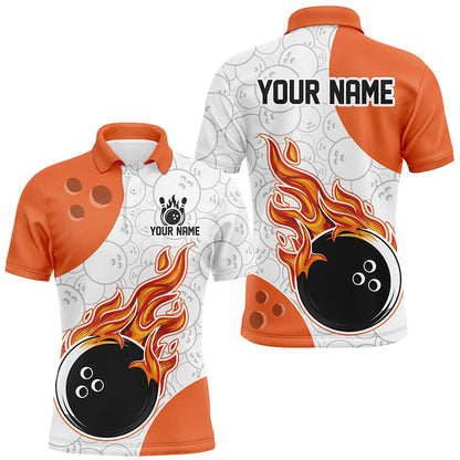 An orange and white flames bowling shirt with a personalized text and logo, featuring a flame graphic design.