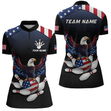Load image into Gallery viewer, A custom-designed bowling team shirt featuring a bald eagle with an American flag pattern, along with a placeholder for a team name and individual name, and bowling balls.