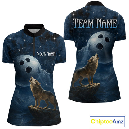 Custom Blue Bowling Shirt Wolf Bowling Team Jersey for Women Polo & 1/4 Zip Bowling Outfit QZT703