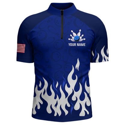 Navy Bowling Shirt Unisex Flame Bowling Jersey Men Quarter Zip Bowling Shirt QZT272