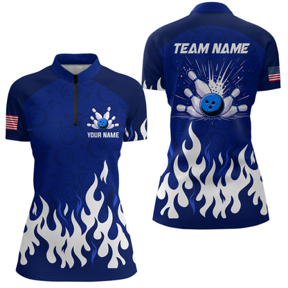 Navy Bowling Shirt Unisex Flame Bowling Jersey Women Quarter Zip Bowling Shirt QZT272