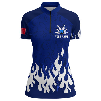 Navy Bowling Shirt Unisex Flame Bowling Jersey Women Quarter Zip Bowling Shirt QZT272