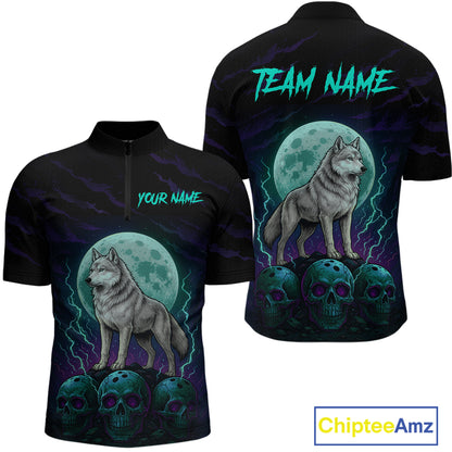 Teal And Purple Wolf & Skull Bowling Team Shirt for Men Custom Bowling League Jersey Bowling Unisex QZT750