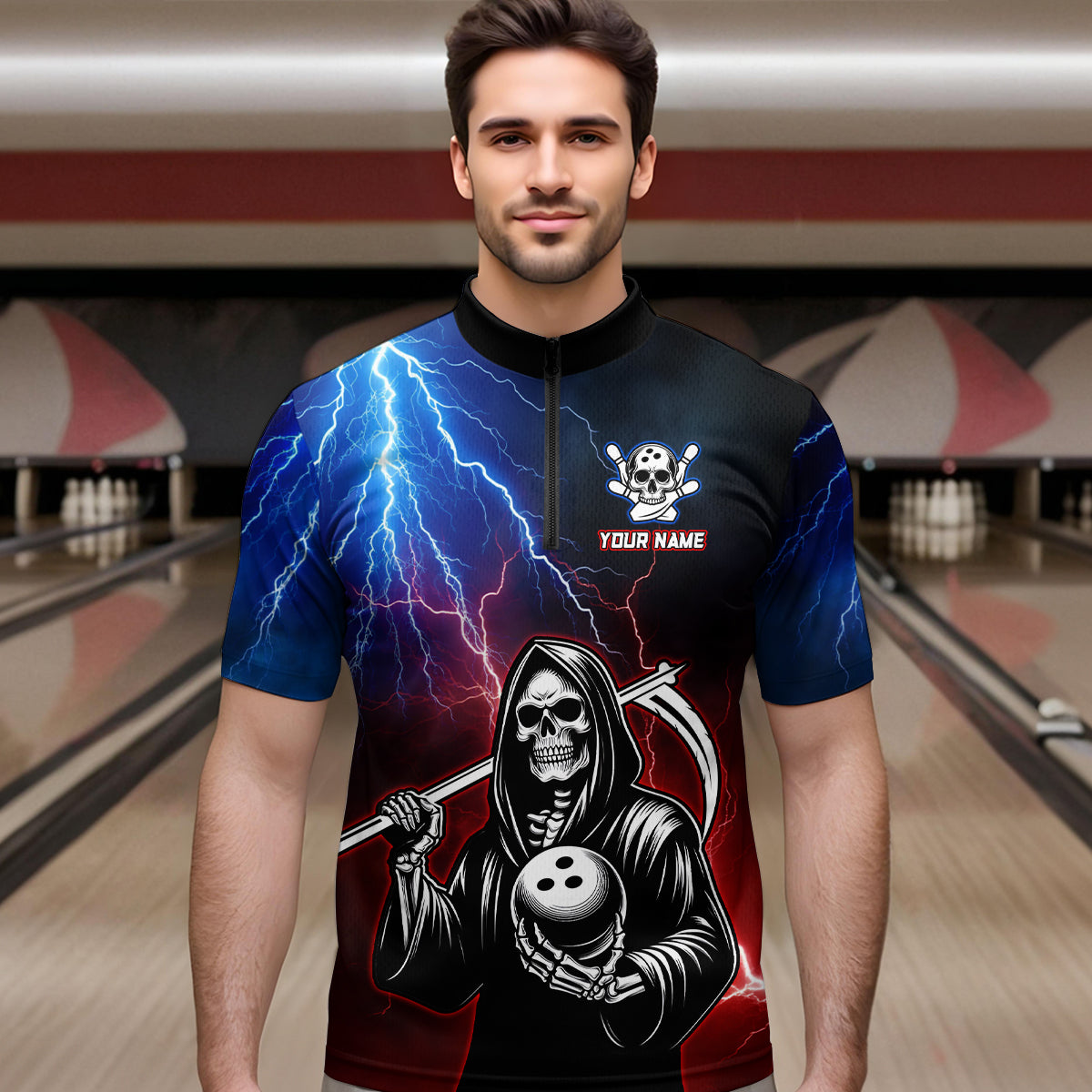 Thunder Bowling Shirt| Grim Reaper Bowling Jersey, Custom Bowling for Men Quarter-Zip Bowling Shirt QZT405