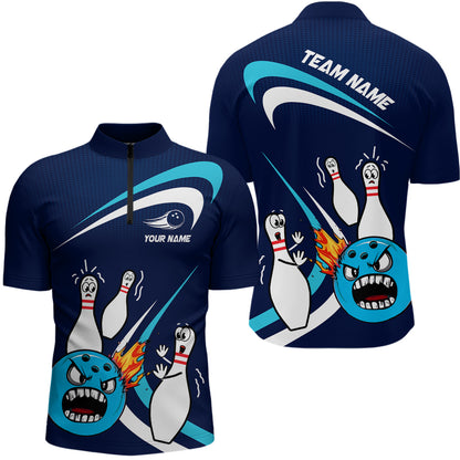 Custom Crazy Bowling Shirt for Men Women Bowling 1/4-Zip Shirt Blue Bowling Outfit QZT589