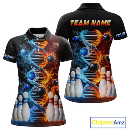 A custom-designed bowling shirt featuring a DNA strand graphic with flame and water elements, and bowling pins arranged in the lower part of the shirt.