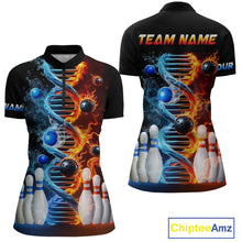 Load image into Gallery viewer, A custom-designed bowling shirt featuring a quarter-zip closure and a graphic print of a DNA strand with flame patterns and bowling balls.