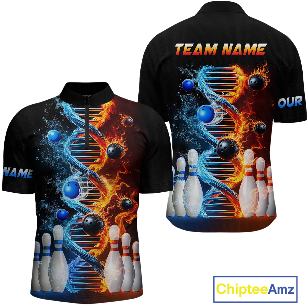 A custom-designed bowling shirt featuring a quarter-zip closure and a graphic print of a DNA strand with flame patterns and bowling balls.