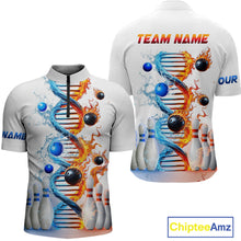 Load image into Gallery viewer, A custom-designed white quarter-zip bowling jersey featuring multicolored geometric patterns and bowling-themed graphics, with placeholder text for a 'TEAM NAME' on the back.
