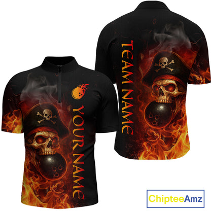 Orange Flame Pirate Skull Bowling Team Shirt for Men Bowling League Jersey Polo Bowling Outfit QZT763