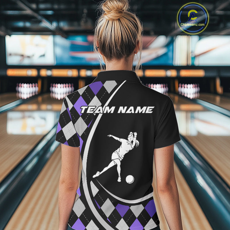 Purple Argyle Pattern Bowling Jersey for Women Custom Polo & 1/4-Zip Bowling Team Shirt Bowling Gift QZT725