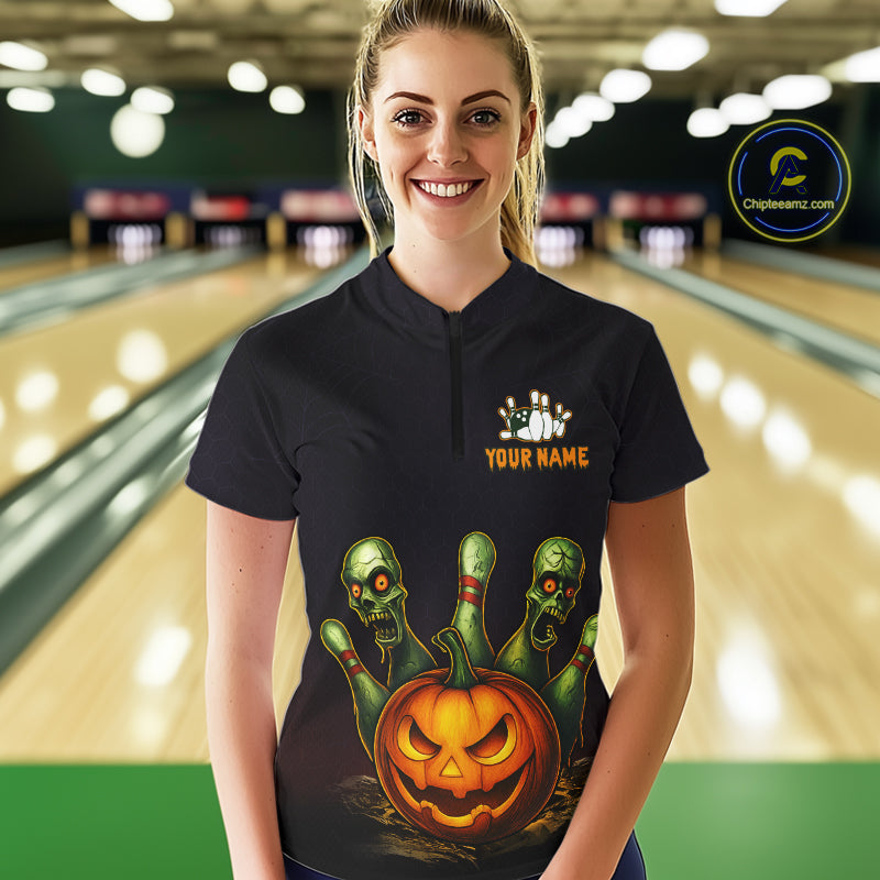 Custom Zombie Pumpkin Bowling Jersey for Women Halloween Bowling Team Shirt Bowling Gifts QZT730