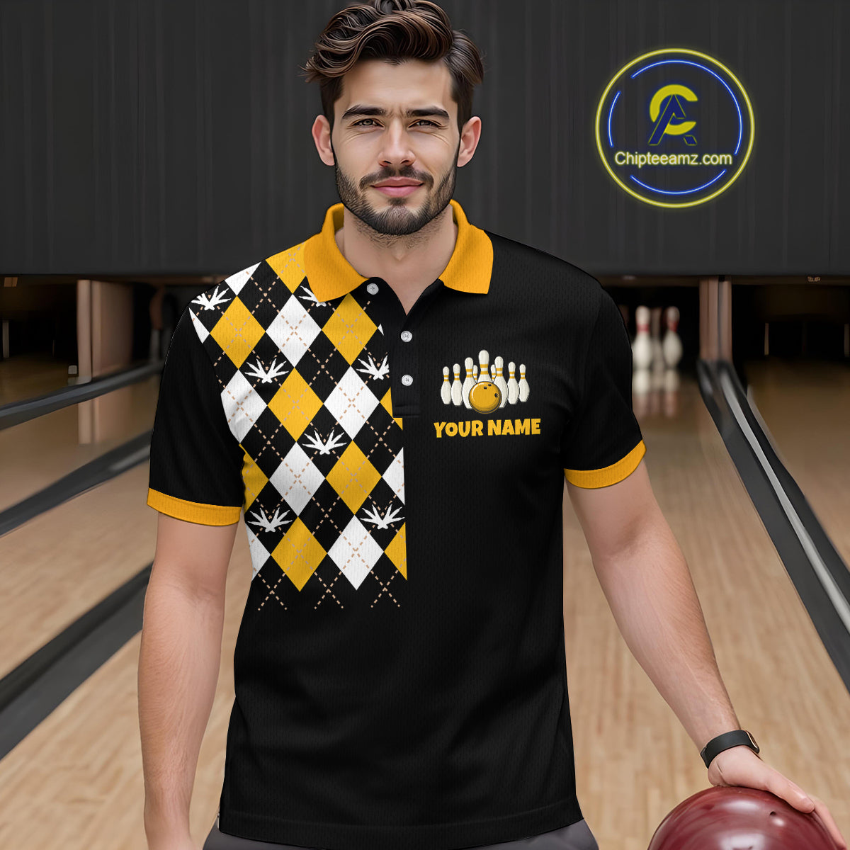 Man wearing a black bowling-themed shirt with a pattern and text in a bowling alley.