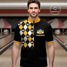 Load image into Gallery viewer, Man wearing a black and yellow bowling shirt with a pattern and logo in a bowling alley.
