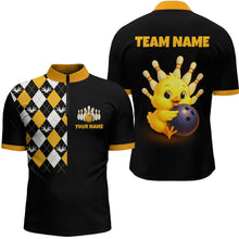 Load image into Gallery viewer, Black bowling team jersey with yellow and white design on front, and cartoon character holding a bowling ball on back.