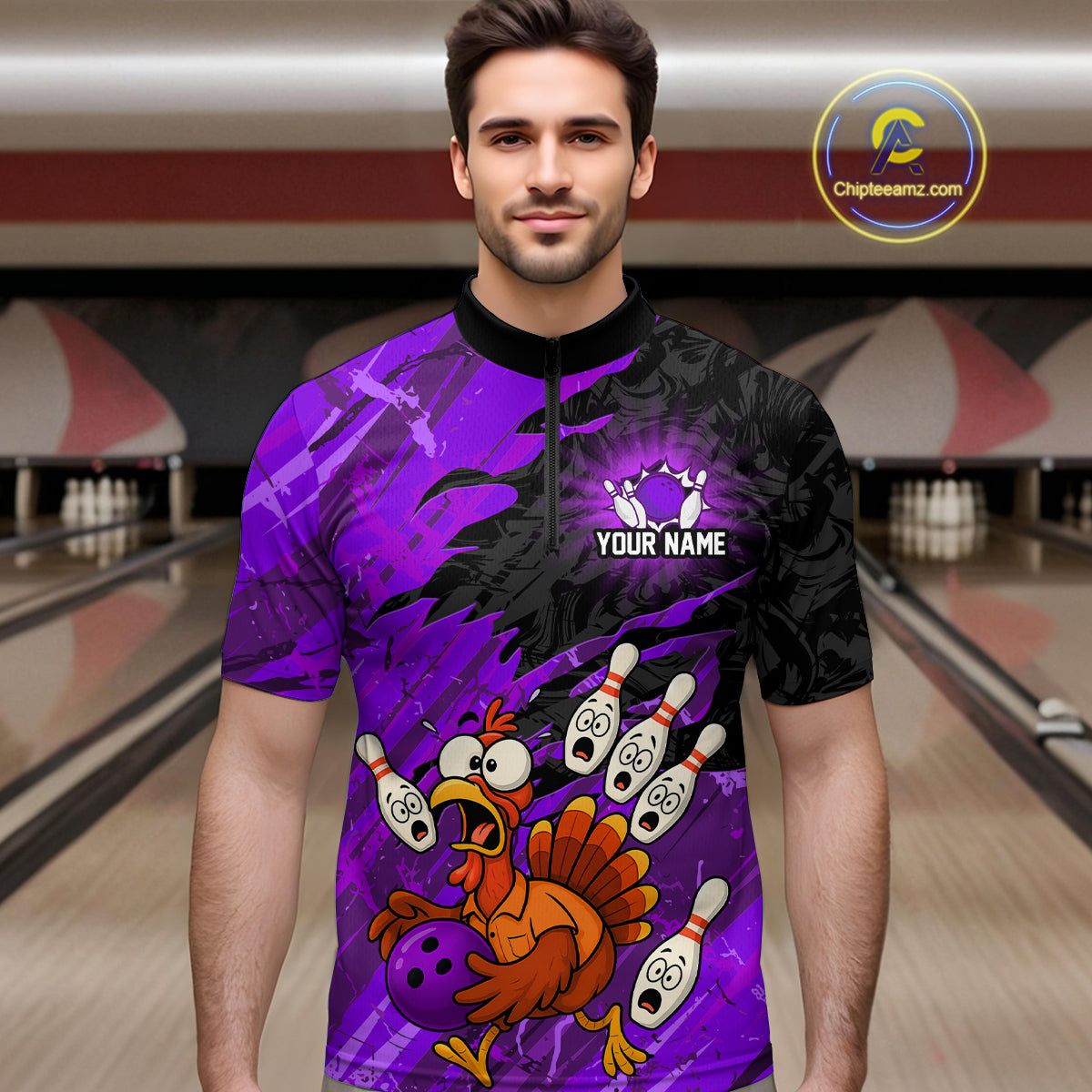 Custom Purple Turkey Bowling Shirt Funny Ball Pin League Jersey for Men Polo Outfit QZT765