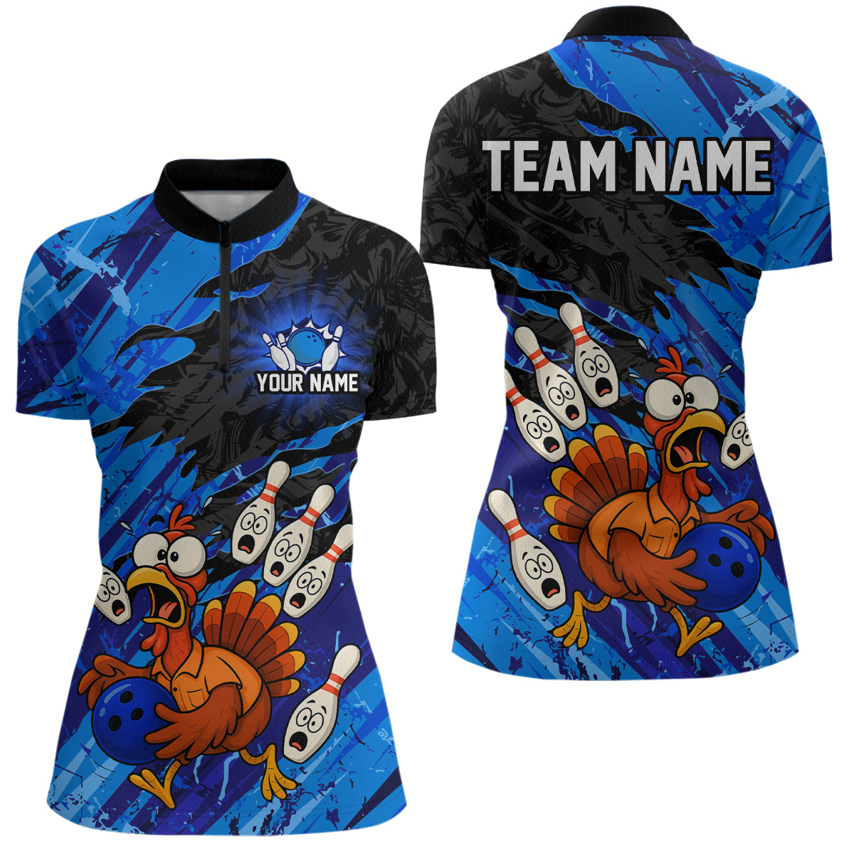 Custom Blue Turkey Bowling Shirt Funny Ball Pin League Jersey for Women Polo Outfit QZT765
