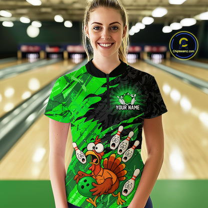 Custom Green Turkey Bowling Shirt Funny Ball Pin League Jersey for Women Polo Outfit QZT765