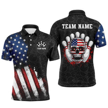 Load image into Gallery viewer, A american flag polo shirt with a bowling-themed graphic that includes the text 'YOURNAME' and 'TEAM NAME' and a skull, front and back view mockup, designed for men.