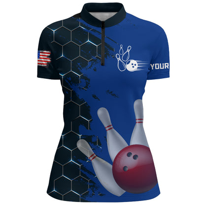 Navy & Black Bowling Shirt Customized Camo Bowling Shirt Quarter- Zip Bowling Team League for Women QZT266