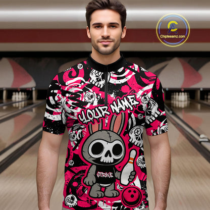 Custom Pink Skull Bunny Bowling Shirt Gothic Men Bowling League Polo Bowling Halloween QZT747