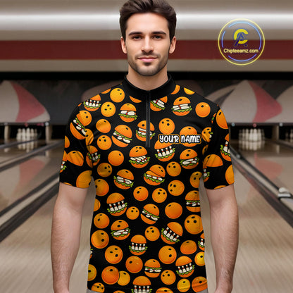 Funny Orange Hamburger Bowling Shirt  for Men Food Bowling Team League Polo & 1/4 Zip Bowling Jersey QZT724