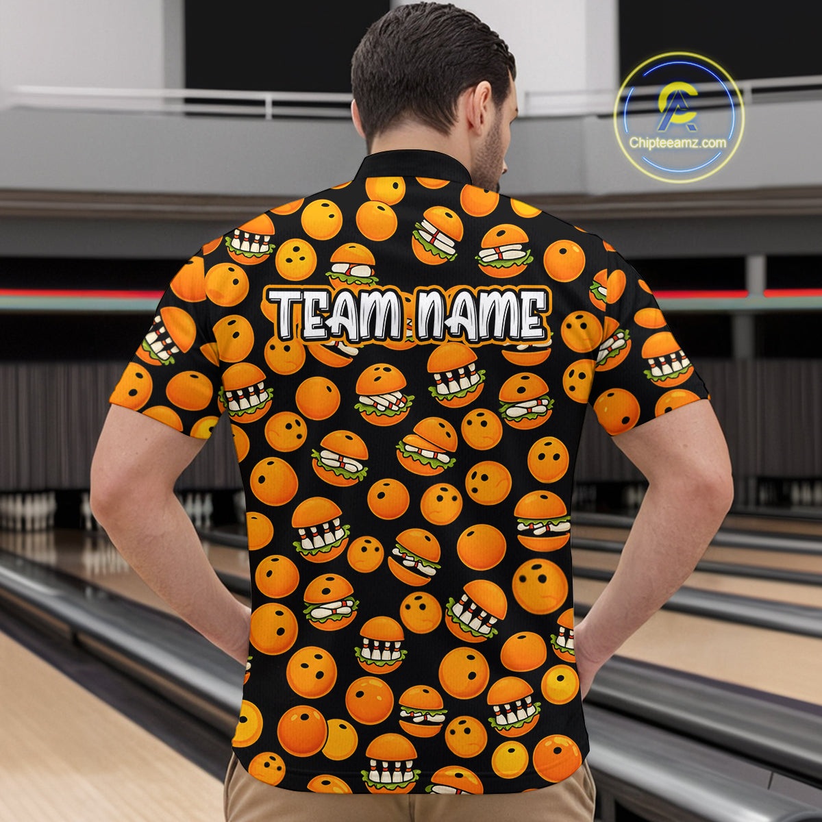 Funny Orange Hamburger Bowling Shirt  for Men Food Bowling Team League Polo & 1/4 Zip Bowling Jersey QZT724