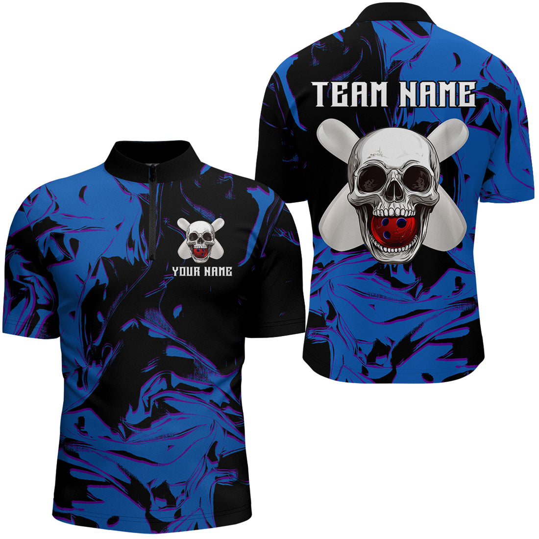 Skull Bowling 1/4 Zip Shirt Men & Women Custom Blue Bowling Team Jersey QZT563