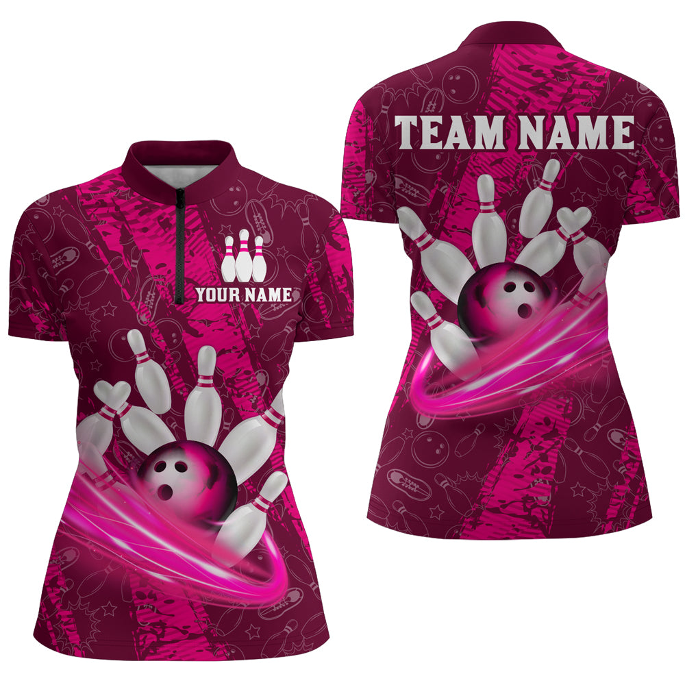 Custom Women 3D Bowling Shirts Bowling Team Jersey 1/4 Zip Bowlers Gifts Multicolor QZT473