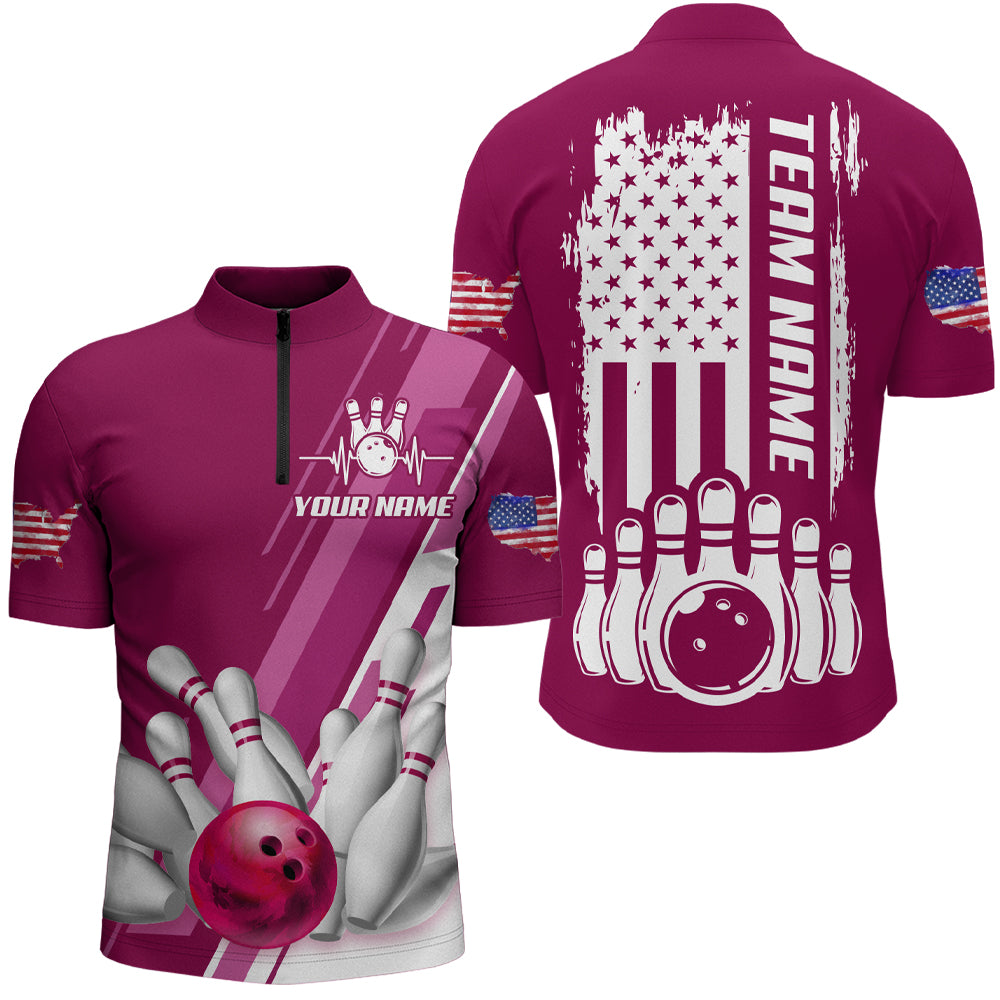 Men's Bowling Shirt Bowling Unisex 1/4 -Zip Bowling Shirt Patriotic Bowling Shirt QZT281