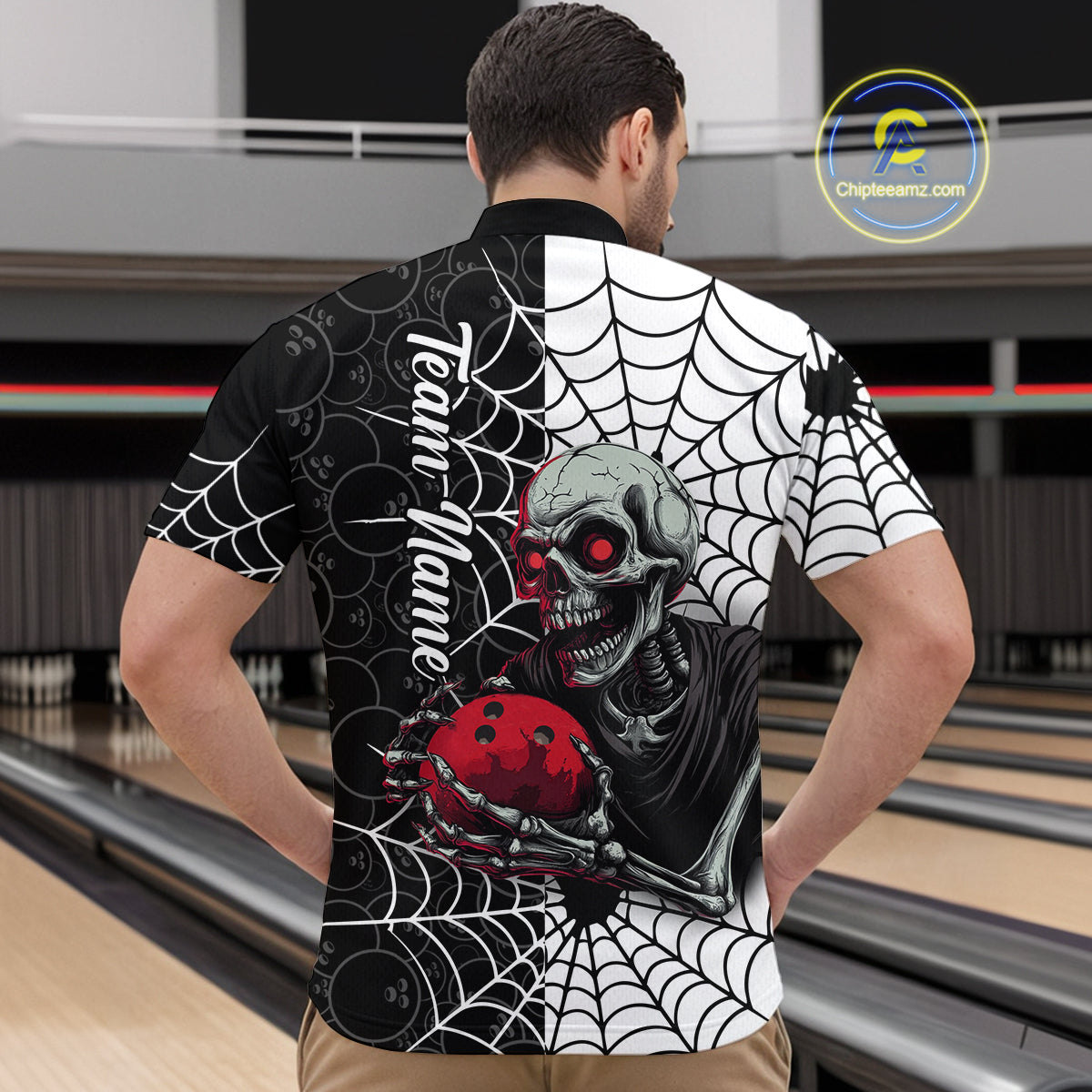 Black and White Skull Bowling Team Shirt Custom Spider Bowling Jersey Men Halloween Bowling Outfit QZT748