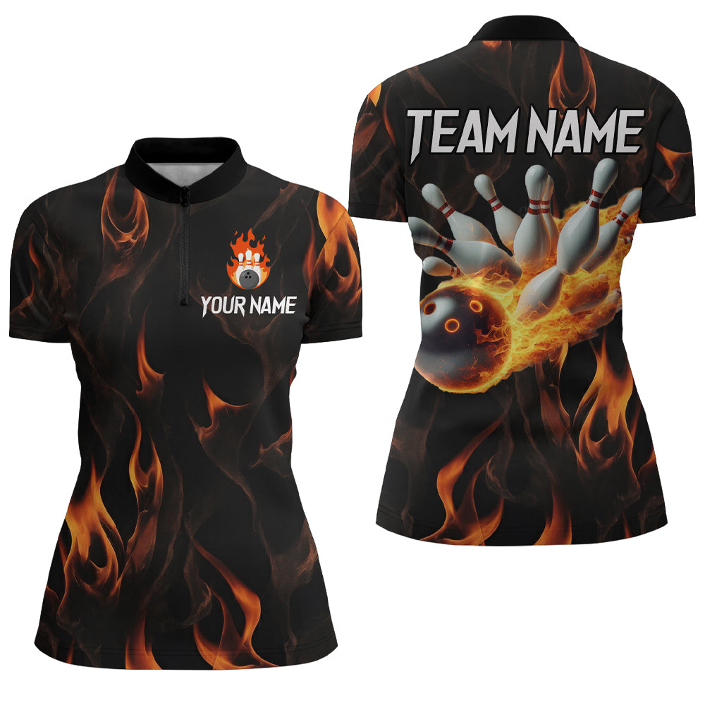 Custom Women Flame Bowling Shirts Bowling Team Jersey 1/4 Zip Bowling Peformance QZT479